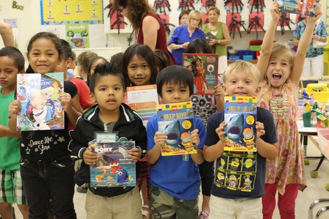 An excited group with their new Book Trust books
